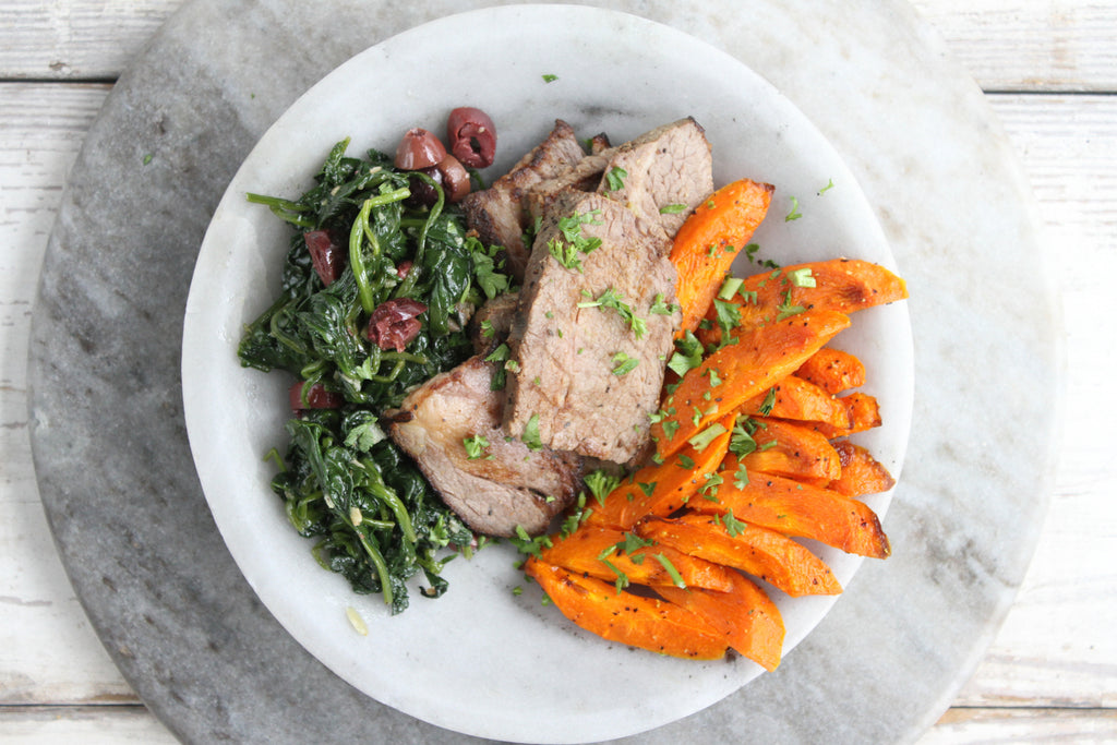 Braised Brisket with Roasted Carrots and Spinach with Olives - Pete's Paleo