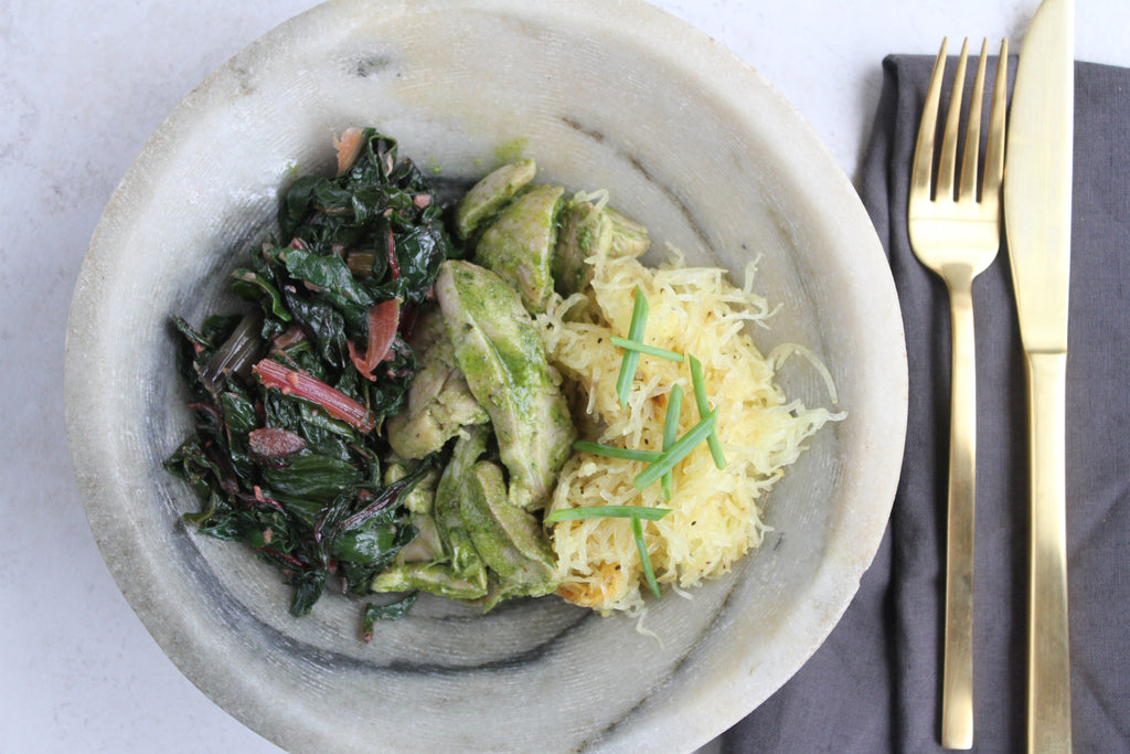 Basil Chicken with Chive Spaghetti Squash and Swiss Chard - Pete's Paleo