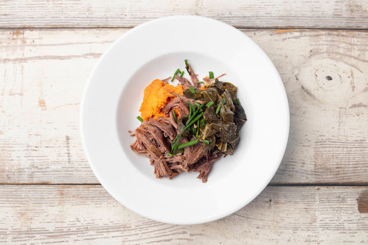 Braised Short Ribs with Collard Greens and Sweet Potato Mash