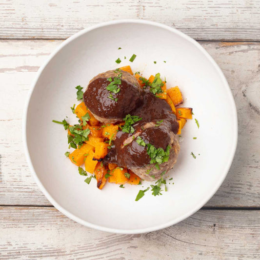 Pork and Bacon Meatballs with Currant Sauce and Roasted Butternut Squash - Pete's Real Food