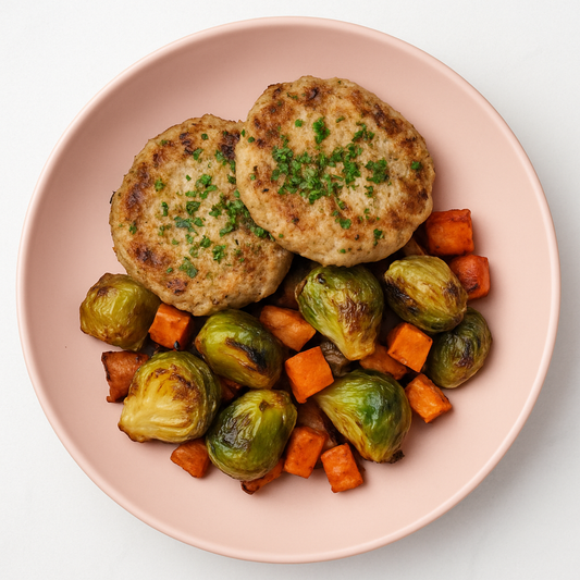 Lemon and Herb Turkey Burger with Brussels and Yams - Pete's Real Food