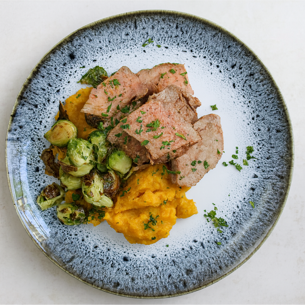 Steak with Brussel Sprouts and Rutabaga Mash - Pete's Real Food